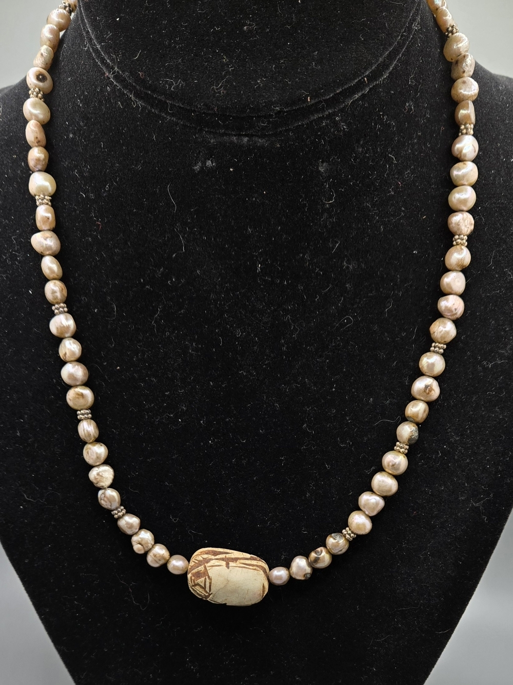 Pearl Necklace with Carved Stone Scarab & Heiroglyphs 17" Long